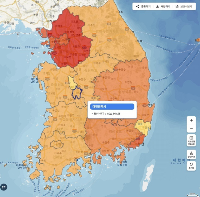 SGIS 청년통계지도 서비스 화면. 통계청 제공