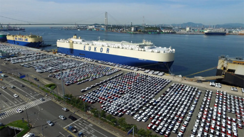 현대차 울산항 선적 대기 차량. 부산일보DB