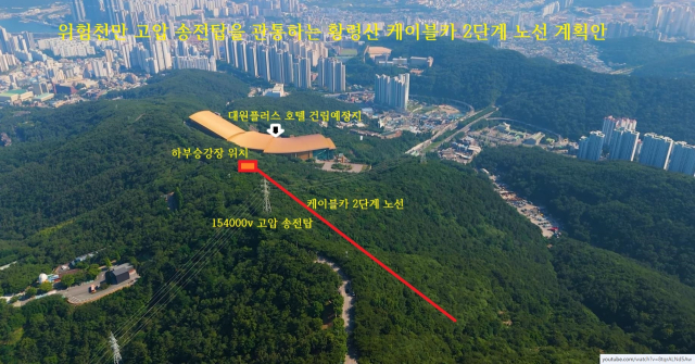 지난 24일 황령산지키기범시민운동본부는 부산시의회에서 기자회견을 열고 케이블카 노선이 154kV 전압의 송전선로와 교차하게끔 계획돼있어 위험성이 높다고 주장했다. 황령산지키기범시민운동본부 제공