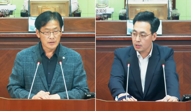 거제시의회는 30일 열린 제255회 제1차 정례회 제4차 본회의에서 ‘거제시 민생회복지원금 지원 조례안’을 표결 끝에 부결했다. 국민의힘 김동수 의원(왼쪽)과 같은 당 김선민 의원이 안건 심의에 앞서 반대토론을 하고 있다. 시의회 유튜브 캡처