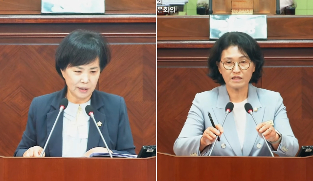 거제시의회는 30일 열린 제255회 제1차 정례회 제4차 본회의에서 ‘거제시 민생회복지원금 지원 조례안’을 표결 끝에 부결했다. 더불어민주당 박명옥 의원(왼쪽)과 같은 당 최양희 의원이 안건 심의에 앞서 찬성토론을 하고 있다. 시의회 유튜브 캡처