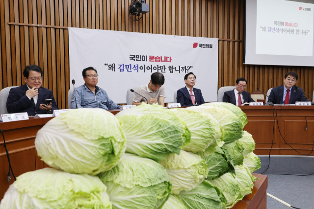 국민의힘이 30일 국회에서 개최한 김민석 국무총리 후보자 국민청문회 모습. 김 후보자의 ‘450만 원 배추농사 투자 배당금’ 주장을 겨냥, 현장에 포기 배추가 쌓여 있는 모습이 눈길을 끈다. 연합뉴스