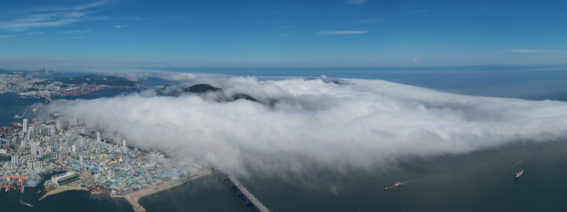 부산 지역에 폭염 특보가 발효된 30일 오후 부산 영도구 봉래산 일대에 짙은 해무가 밀려들어 장관을 연출하고 있다. 해무는 따뜻한 공기가 찬 해면으로 이동할 때 해면 부근의 공기가 냉각돼 생기는 안개로 우리나라에서는 7월에 가장 많이 발생한다. 정종회 기자 jjh@