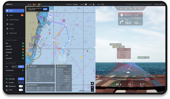 아비커스(Avikus)사의 자율운항 솔루션 ‘하이나스(HINAS) 컨트롤’에서 항해 정보와 탐지된 물체 등을 증강현실(AR)로 나타낸 모습. 출처: 아비커스(Avikus). 한국해양교통안전공단(KOMSA) 제공