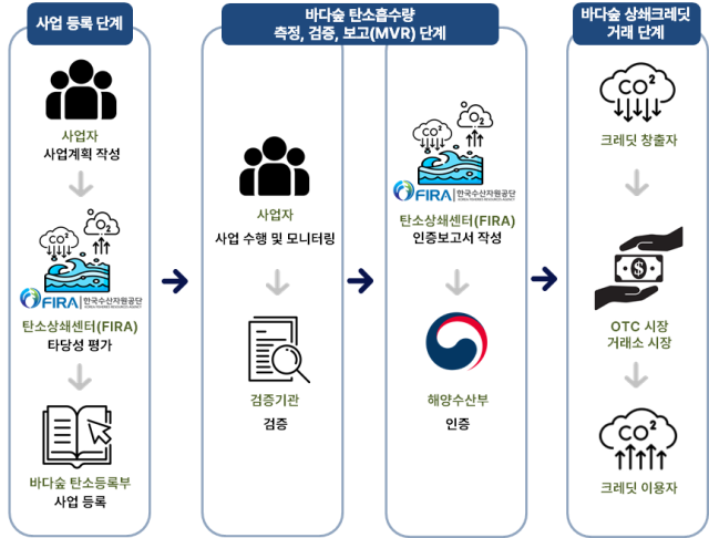 바다숲 탄소상쇄제도 단계별 프로세스 및 운영 절차. 수산자원공단 제공