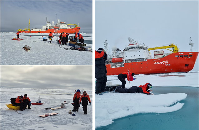 북극해빙캠프. 아라온호를 북극 해빙에 정박하고 연구활동 중인 연구원들. 해수부 제공