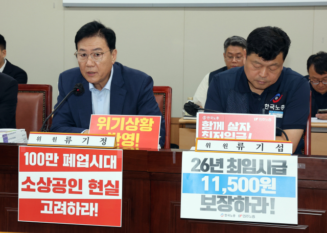 최저임금위원회 사용자위원인 류기정 한국경영자총협회 전무가 8일 정부세종청사에서 열린 최저임금위원회 제10차 전원회의에서 발언하고 있다. 오른쪽은 근로자위원인 류기섭 한국노총 사무총장. 연합뉴스