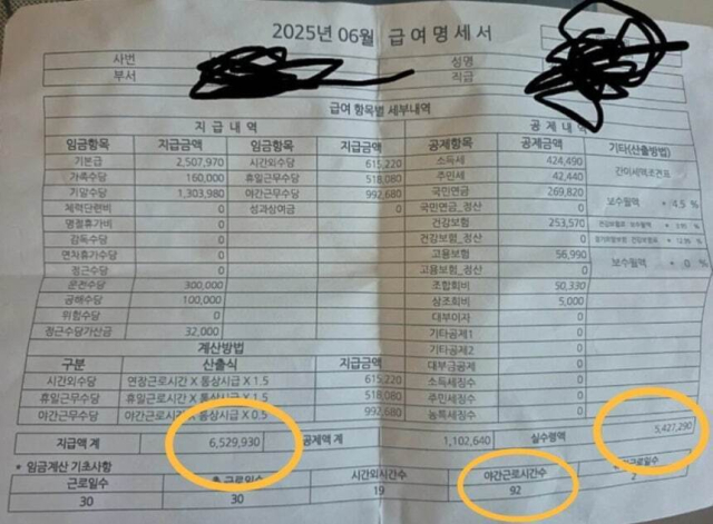 한 온라인 커뮤니티에 올라온 '환경미화원 11년 차 급여명세서'.
