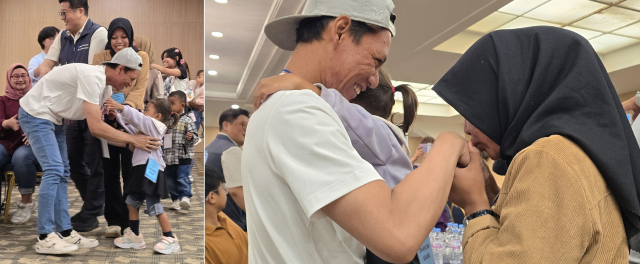 경남해상산업노동조합과 전국해상선원노련, 근해통발수협, 선원관리업체 (주)삼우선박·(주)한챔이 손잡고 준비한 ‘인도네시아 외국인 선원 가족 초청 상봉 행사’가 14일 금호통영마리나리조트에서 열려 잔잔한 감동을 선사했다. 예상치 못한 자리에서 가족과 상봉한 수프리얀토 씨가 아내와 딸을 반갑게 맞고 있다. 김민진 기자