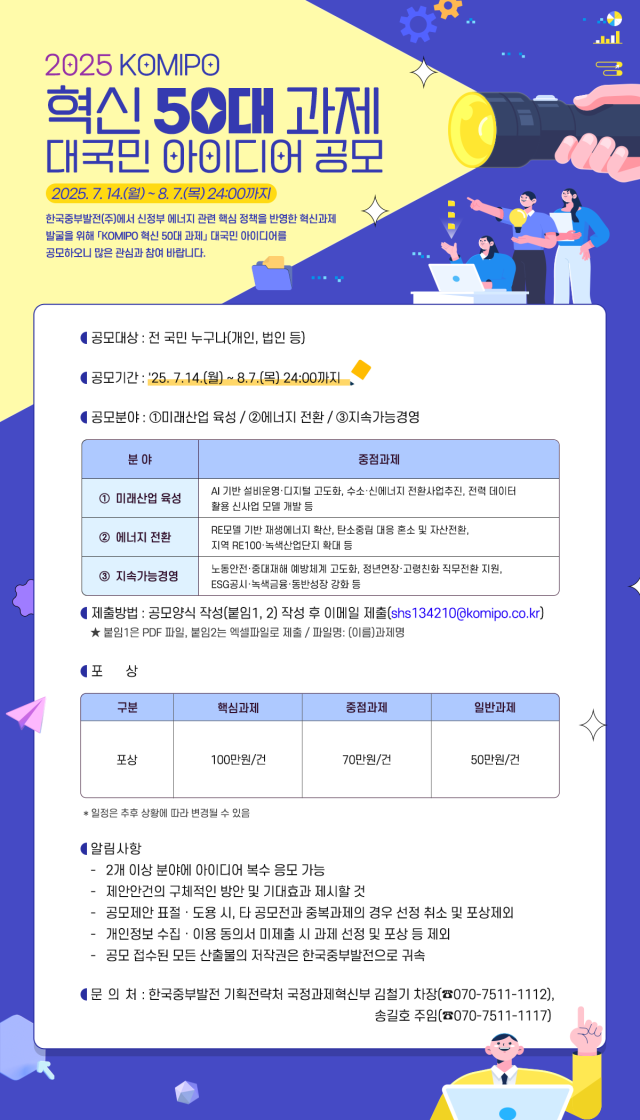 ‘2025 KOMIPO 혁신 50대 과제 대국민 아이디어 공모’ 포스터. 중부발전 제공