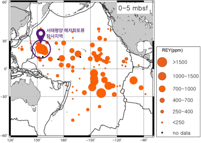 태평양 159개 해역에서 확보한 해저 희토류 농도 분포 지도. 지질자원연구원 제공