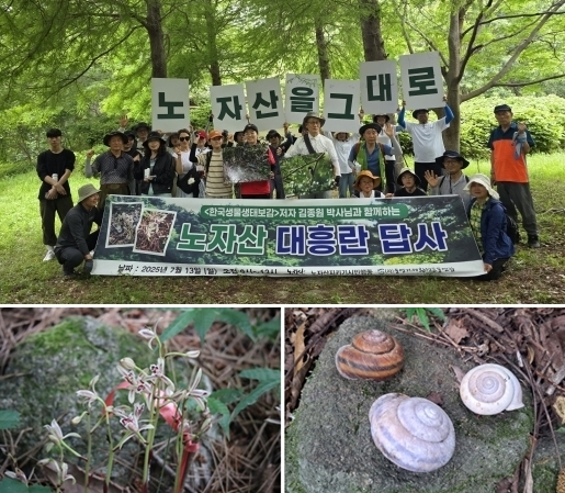노자산지키기시민행동은 13일 식물학자인 김종원 박사와 함께 남부관광단지 조성 사업 대상지를 답사하며 대흥란과 천연기념물 팔색조 둥지 흔적, 멸종위기종 2급 거제외줄달팽이 사패 1개를 추가로 확인했다고 밝혔다. 노자산지키기시민행동 제공