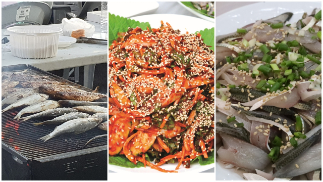 사천시 삼천포 자연산 전어축제 때 선보이는 대표 전어 음식들. (왼쪽부터) 전어구이-전어무침-전어회. 사천시 제공