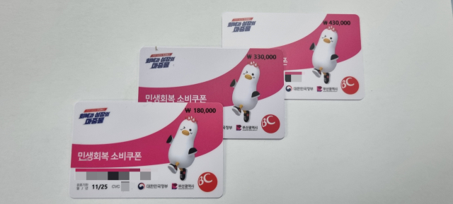 부산에서 배부되는 민생회복 소비쿠폰 선불카드. 상단에 금액이 표기돼 있다. 김준현 기자