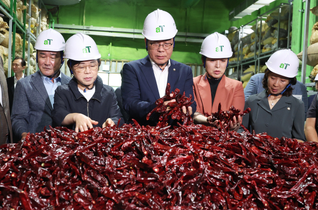 국민의힘 송언석 비상대책위원장 겸 원내대표가 폭우·폭염으로 인한 농산물 물가 대응 점검을 위해 25일 경기도 이천시 대월면 aT 한국농수산식품유통공사 이천비축기지를 방문해 비축 고추 등을 살펴보고 있다. 연합뉴스