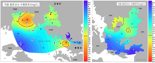 산소부족물덩어리 발생 해역도. 국립수산과학원 제공