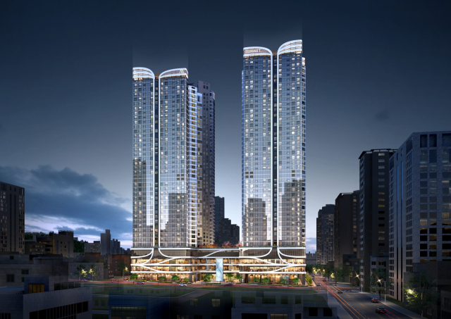 대우건설은 부산진구 옛 NC백화점 서면점 자리에 전용면적 84~147㎡, 919세대 규모의 하이엔드 브랜드 ‘서면 써밋 더뉴’를 다음 달 선보일 예정이다. 서면 첫 하이엔드 단지인 해당 아파트의 조감도. 대우건설 제공