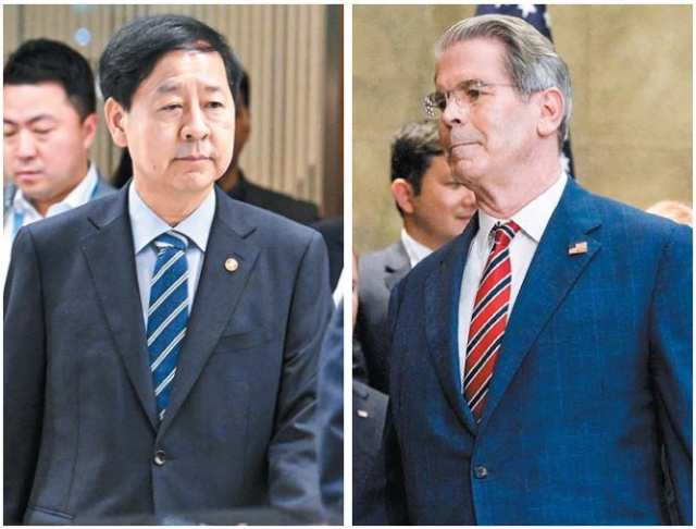 미국과의 관세 협상과 관련해 이번 주 한미 재무장관이 협상 테이블에 앉을 전망이다. 구윤철(왼쪽) 부총리 겸 기획재정부 장관과 스콧 베선트 미 재무부 장관. 연합뉴스