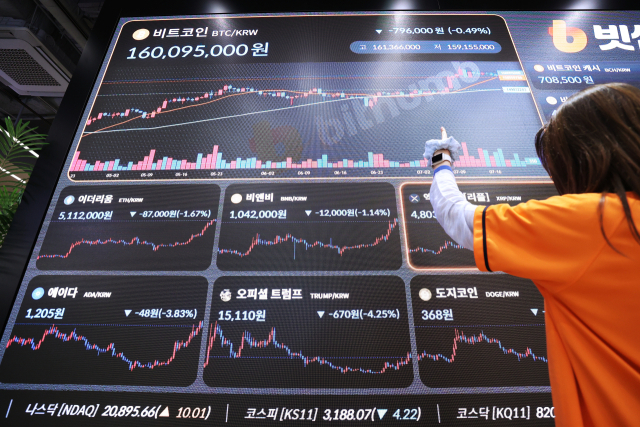 지난 22일 서울 서초구 빗썸라운지 강남 본점 현황판에 비트코인 시세가 표시되고 있다. 연합뉴스