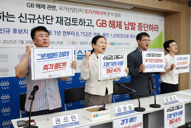 28일 서울 경제정의실천시민연합에서 열린 '그린벨트 해제 관련 국가산업단지 토지거래내역 분석 발표'에서 참석자들이 그린벨트 해제 남발 중단을 촉구하는 구호를 외치고 있다. 연합뉴스