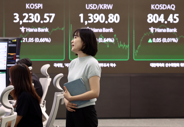 이날 오후 장 종료 후 서울 하나은행 본점 딜링룸에서 딜러들이 업무를 보고 있는 모습. 연합뉴스