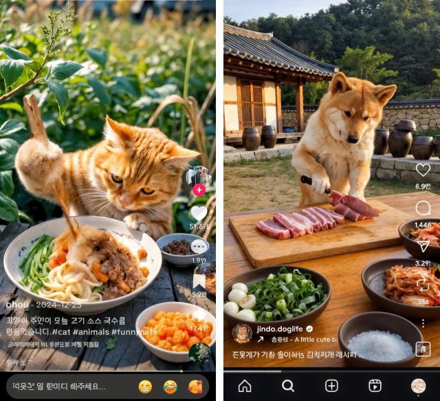 틱톡에서 1490만 뷰를 달성한 요리하는 고양이(오른쪽)와 인스타그램에서 화제를 모았던 김치찌개 끓이는 진돗개. 사진 = 채널 캡처