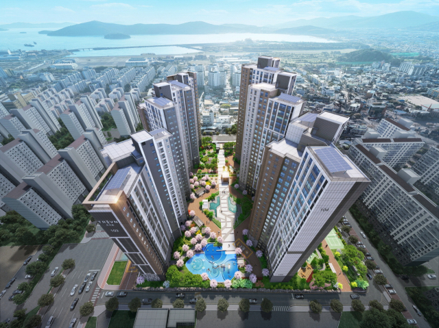 경남 창원시 진해구 신도심에 10년 만에 들어서는 신축 아파트 ‘트리븐 창원’ 조감도. 두산에너빌리티 제공