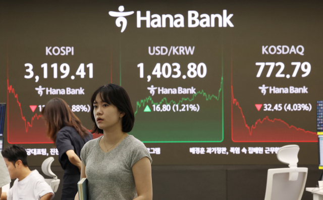 1일 서울 중구 하나은행 본점 딜링룸에서 직원들이 업무를 보고 있다. 이날 코스피는 전장보다 126.03포인트(3.88%) 내린 3,119.41에 장을 마쳤다. 연합뉴스