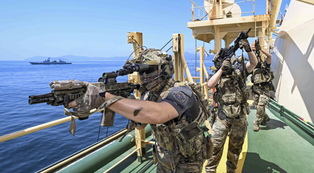 1일 경남 거제시 인근 해역에서 열린 '청해부대 46진 해적대응 민·관·군 합동훈련’에서 해군 특수전대원(UDT/SEAL)으로 구성된 검문검색대 대원들이 피랍 상선을 모사한 선박 내부를 수색하며 해적진압작전을 하고 있다. 해수부 제공