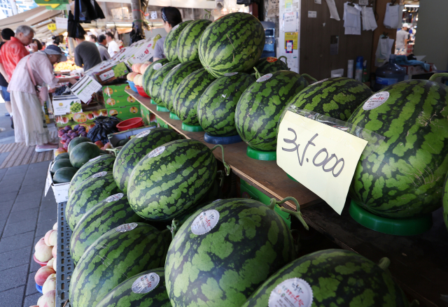 무더위가 지속되며 여름철 채소와 과일 소매가격이 급등했다. 지난 27일 서울 동대문구 청량리종합시장 한 가게에 수박이 진열돼 있다.