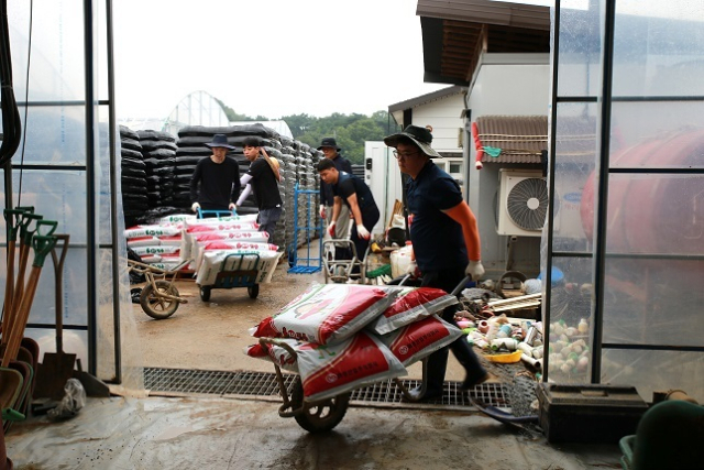 한국농수산대학교는 8월 4일 교직원과 졸업생들이 참여해 충남 당진의 한농대 졸업생 피해 농가를 찾아 호우 피해 복구를 위한 봉사활동을 실시했다. 한농대 제공