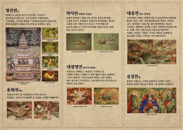 세계유산 통도사 전각 벽면에 그려진 30점을 디지털 영상매체로 볼 수 있는 전시회 리플릿. 양산시 제공