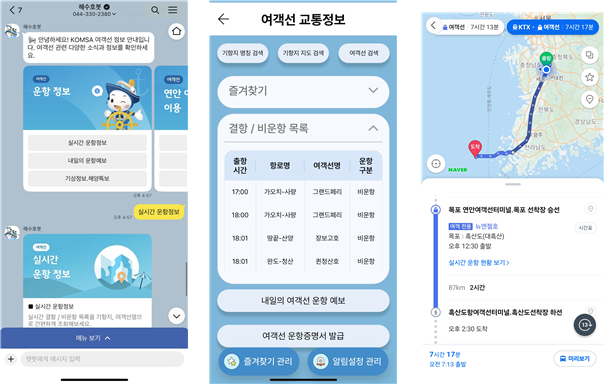 카카오 챗봇 ‘해수호봇’ 실시간 여객선 운항정보(왼쪽), MTIS 내 여객선 교통정보(가운데), ‘네이버 길찾기’ 연계 여객선 교통정보 검색 서비스. KOMSA 제공
