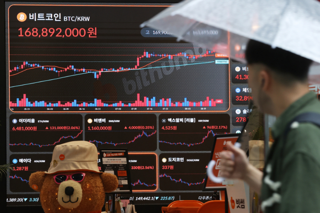서울 빗썸라운지 강남본점 현황판에 비트코인 시세가 표시된 모습. 연합뉴스