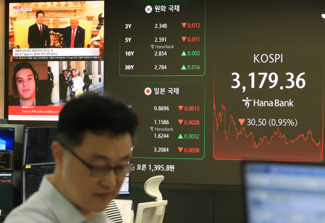 26일 서울 중구 하나은행 본점에서 직원들이 증시와 환율을 모니터하고 있다. 연합뉴스