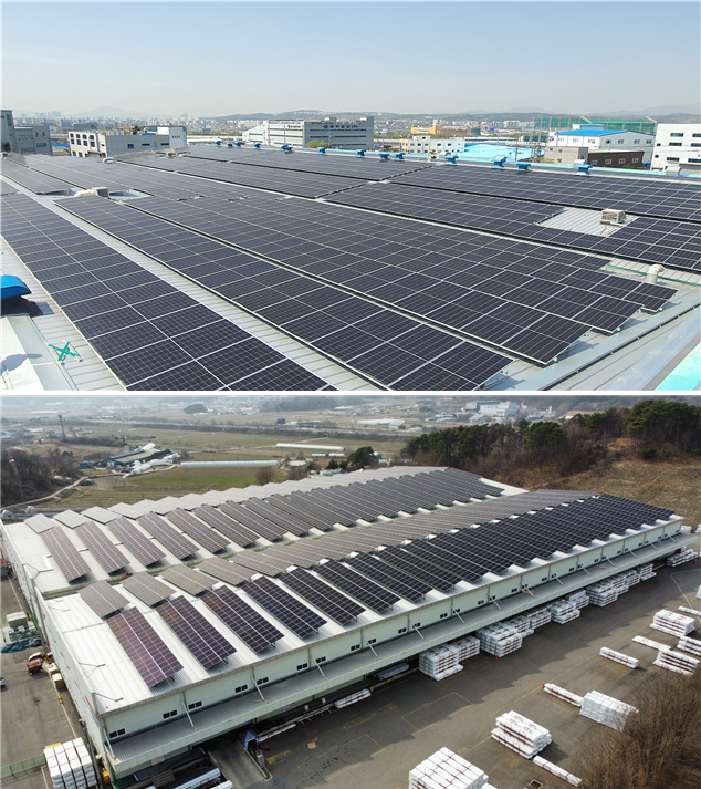 한국남부발전은 전국 39개 산업단지 건물 지붕에 태양광발전소 설치 후, 지난 26일부터 상업운전에 돌입했다고 밝혔다. 울산 1.7MW(위)과 청주 1.2MW(아래) 지역 MW(메가와트)급 대규모 발전소도 포함된다. 남부발전 제공