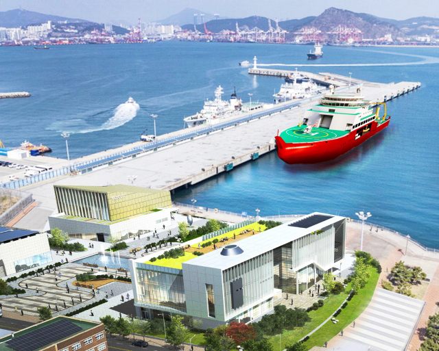 차세대 쇄빙연구선 모항 후보지로 부산국제크루즈터미널과 부산항 북항 1부두가 적합하다는 분석이 나왔다. 영도구에 위치한 국제크루즈터미널에 쇄빙선이 정박한 이미지. 부산연구원 제공