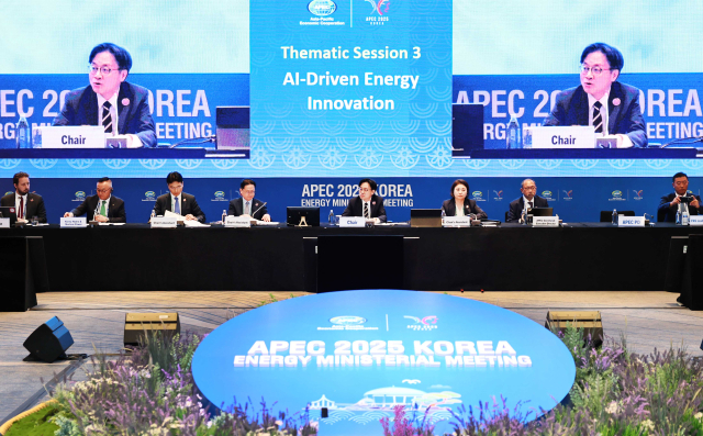 김정관 산업통상자원부 장관(의장, 왼쪽 5번째)이 28일 부산 해운대구 파라다이스호텔에서 열린 APEC 에너지장관회의를 주재하고 있다. 산업부 제공