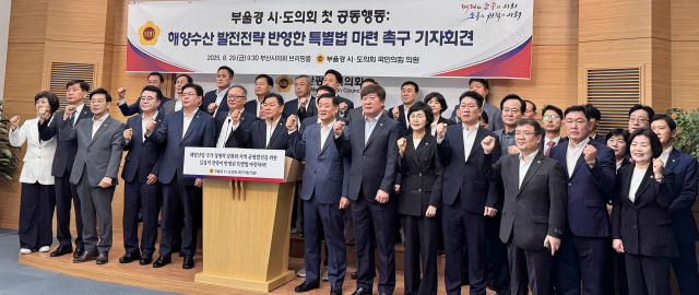 부산·울산·경남 시도의회 국민의힘 의원들은 29일 부산시의회에서 “해양수산부의 단순한 부산 이전에만 집중한 특별법이 아닌 해수부 기능을 강화하고 해양수산 발전 전략을 담은 특별법이 제정돼야 한다”고 주장하며 기자회견을 열었다. 부산시의회 제공