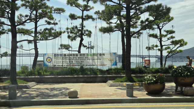 부산시에 따르면 시는 ‘관광지 중심 현수막 없는 시범 거리’ 조성 사업으로 내년까지 광안리·해운대·송정·다대포 등 부산 주요 4개 해수욕장에서 현수막을 제거할 예정이다. 시 현수막 기동관리반은 최근 광안리에서 시범적으로 현수막 30여 개를 철거했는데, 산책로 경관이 트이며 시민들로부터 큰 호응을 얻고 있다. 사진은 기동관리반이 현수막을 떼어내기 전 광안리의 모습. 부산시 제공