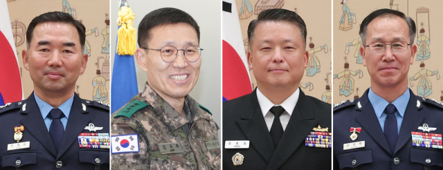 정부가 군 수뇌부 인사를 1일 발표했다. 합참의장에 내정된 진영승(왼쪽부터) 전략사령관, 육군총장에 내정된 김규하 미사일전략사령관, 해군총장에 내정된 강동길 합참 군사지원본부장, 공군총장에 내정된 손석락 공군 교육사령관. 연합뉴스