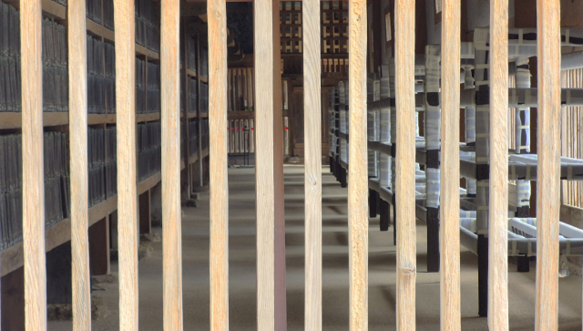 경남 합천군 해인사 장경판전 나무 창살 사이로 언뜻 보이는 대장경판. 남태우 기자