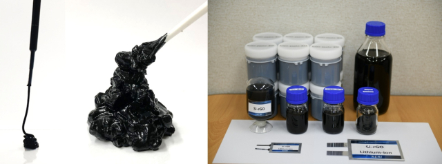 '수(水)계 분산 기술(왼쪽)'을 기반으로 제조된 '리튬이온전지용 실리콘그래핀 복합 음극재(오른쪽)’. KERI 제공