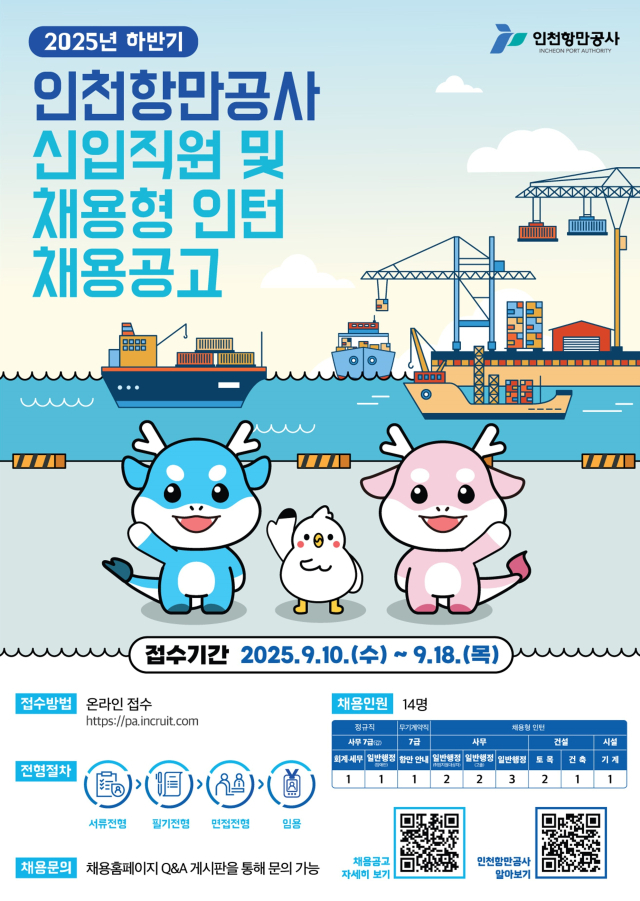 ‘2025년도 하반기 인천항만공사(IPA) 신입직원 및 채용형 인턴 채용’ 안내 포스터. IPA 제공