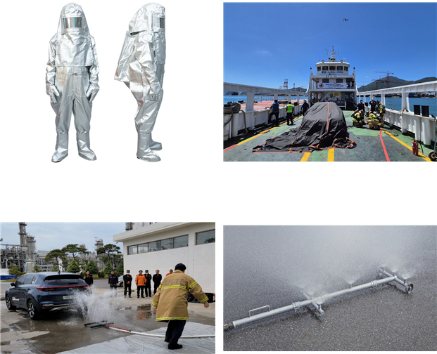 카페리선박(차도선) 내 전기자동차 소방설비. (좌측 상단부터 시계 방향) 소방원장구, 질식소화덮개, 상방향 물 분무 장치. 해수부 제공