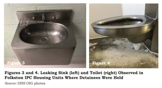 미국 이민 당국에 체포된 한국인 300여명 중 대부분이 수감된 미국 조지아주 포크스턴의 이민세관단속국(ICE) 시설. 싱크와 변기에서 물이 새고 있다. 이 사진은 2021년 11월 진행된 미국 국토안보부(DHS)의 감사 당시 촬영됐다. 연합뉴스