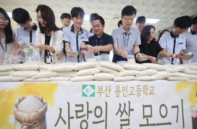 10일 부산 동래구 용인고등학교 학생식당에서 학생과 교직원들이 추석을 앞두고 모은 쌀을 비닐에 담고 있다. 용인고는 이번 행사를 통해 모은 쌀을 동래종합사회복지관에 기부하고, 복지관은 해당 쌀로 송편을 빚어 홀몸노인 등 지역 내 취약계층에 전달할 예정이다. 용인고는 2000년부터 해마다 사랑의 쌀 모으기 운동을 열고 있다. 이재찬 기자 chan@