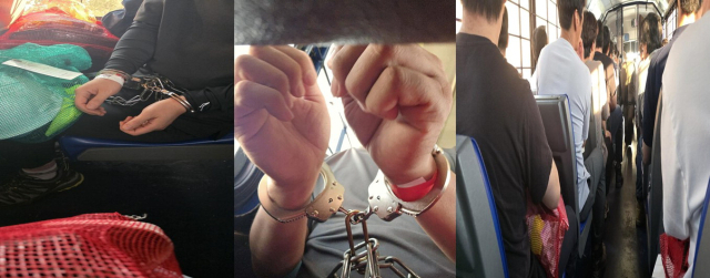 미국 조지아주 배터리 공장 건설 현장에서 일하다 7일간 구금된 근로자들 중 한 명인 A 씨의 ‘구금일지’가 언론에 공개됐다. 사진은 구금 과정에서 수갑과 쇠사슬을 찬 근로자들 모습. 연합뉴스