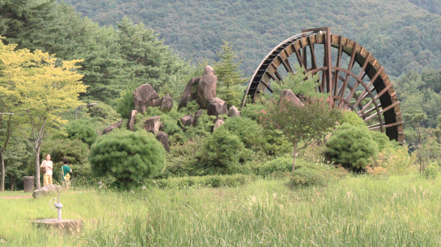 경북 김천시 사명대사공원 한쪽에 설치된 초대형 물레방아 앞에서 한 모자가 사진을 찍고 있다. 남태우 기자
