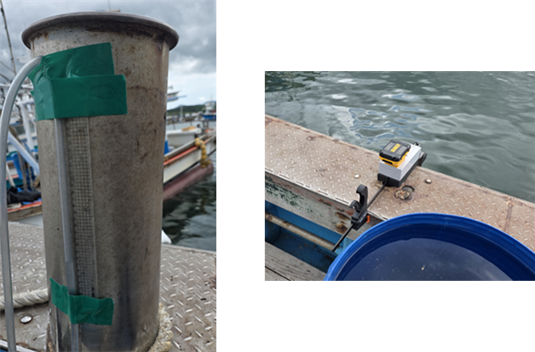 기존의 U-Tube 장비를 통해 선박의 경사시험을 측정하는 모습(왼쪽). 한국해양교통안전공단(KOMSA)이 지난 8월 현장 실증 시험을 마친 흘수 측정기를 통해 선박의 흘수를 측정하는 모습. KOMSA 제공